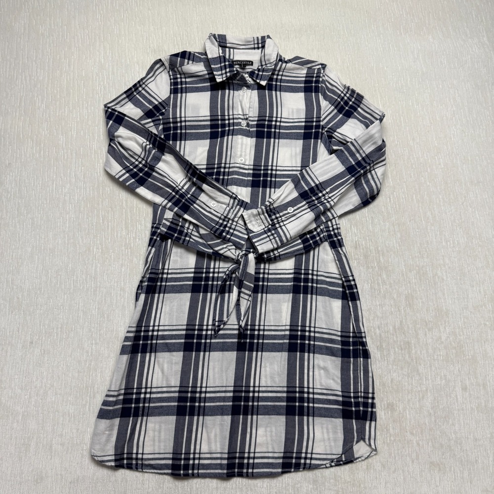 J.Crew Mercantile Flannel Shirt Dress Women XS White Blue Plaid Cotton Tie Waist